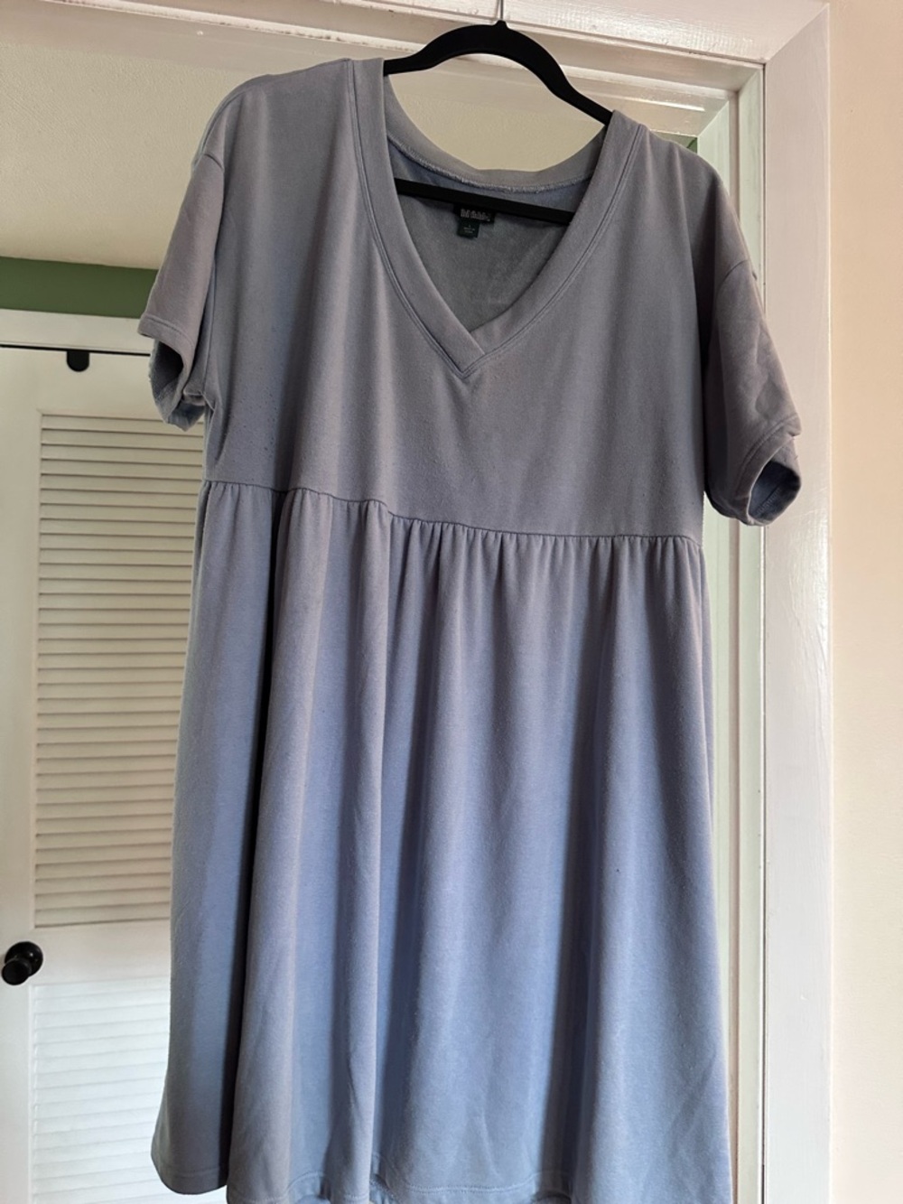 Babydoll Relaxed V-Neck Smocked-Waist Mini Dress in Light Blue
